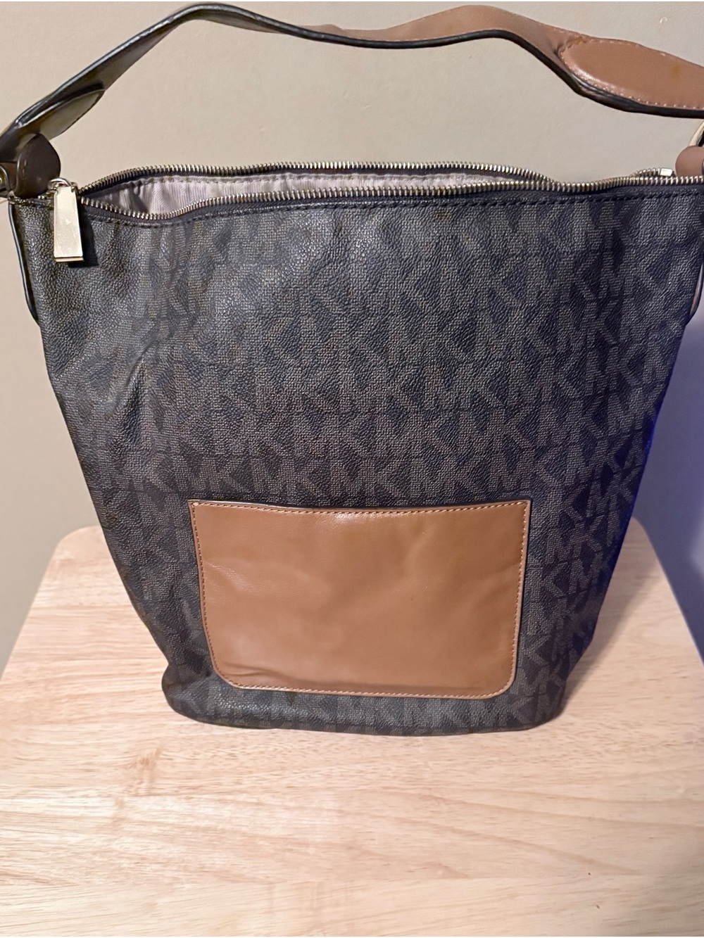 Michael Kors Dark Brown Logo Hobo with Tan Pocket